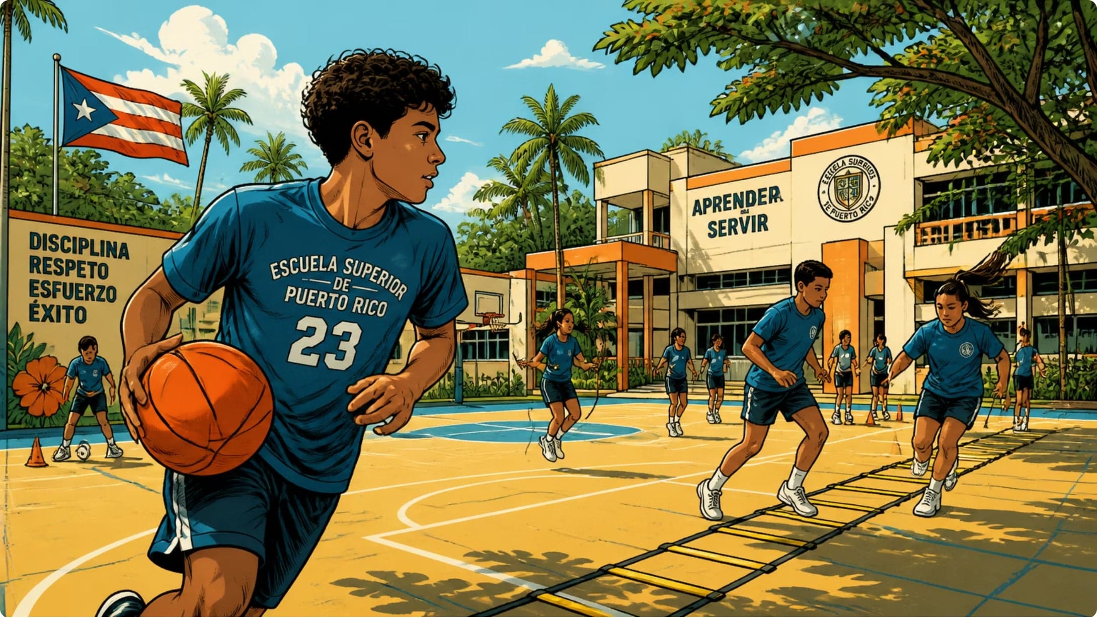 Ilustración de estudiantes en clase de educación física jugando baloncesto en el patio escolar
