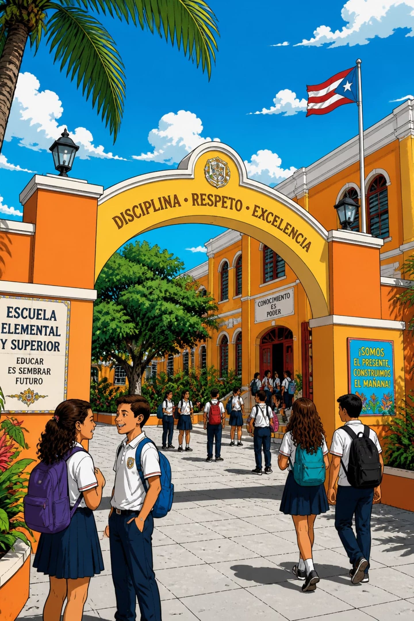 Ilustración de la entrada de la escuela con su arco de Disciplina, Respeto y Excelencia y la bandera de Puerto Rico