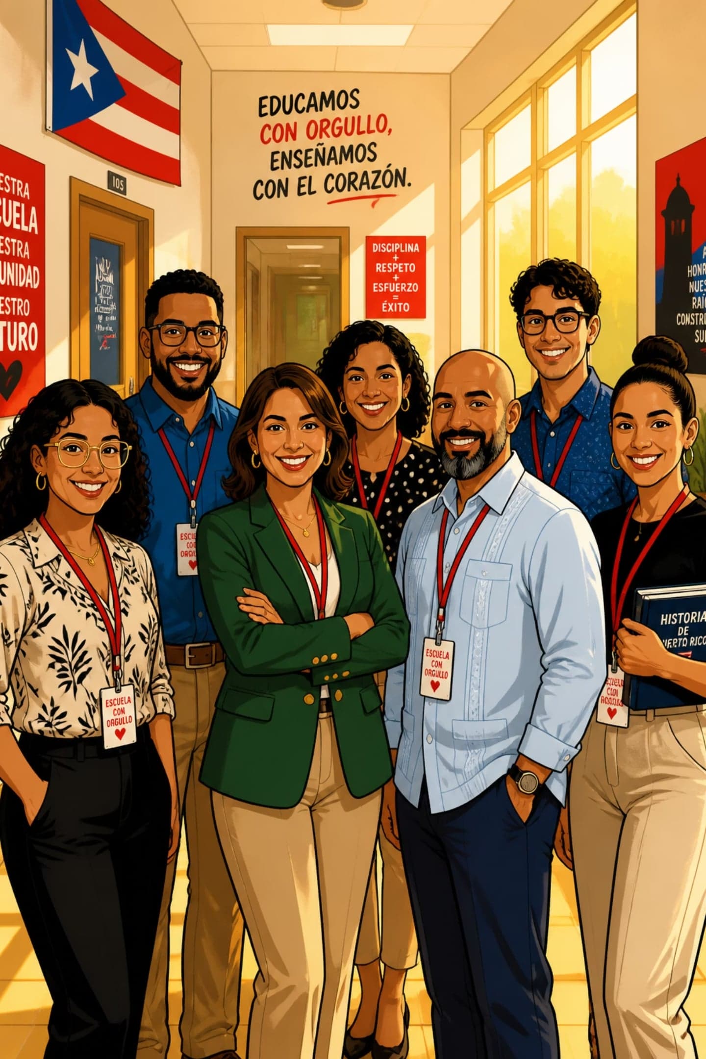Ilustración del equipo docente en el pasillo de la escuela bajo el lema Educamos con orgullo, enseñamos con el corazón