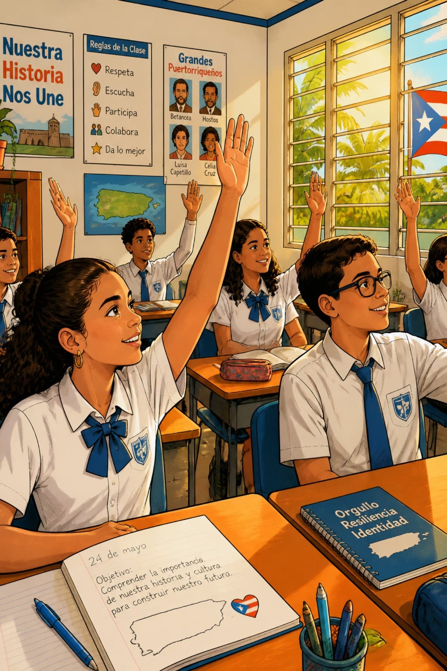 Ilustración de un salón de clases puertorriqueño con estudiantes levantando la mano